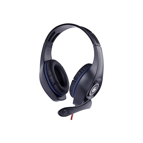 Schwarzes Gaming-Headset mit blau gepolsterten Ohrhörern und klappbarem Mikrofon vor weißem Hintergrund.