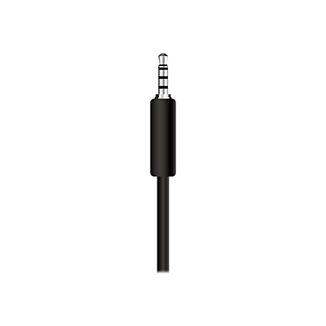 Schwarzer 3,5 mm Klinkenstecker mit Kabel vor weißem Hintergrund.