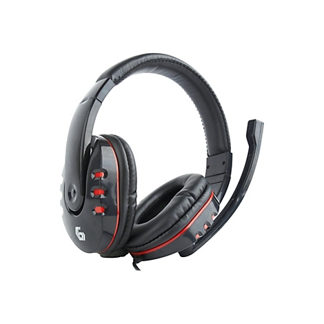 Schwarzes Gaming-Headset mit roten Akzenten und Mikrofonbügel auf weißem Hintergrund.