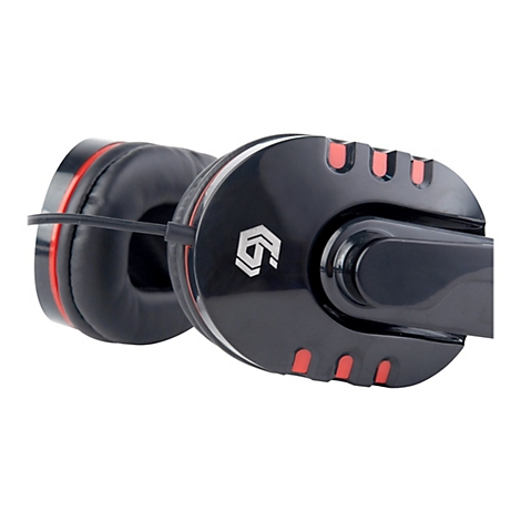Schwarzes Gaming-Headset mit roten Akzenten und weißem Logo auf der Ohrmuschel vor weißem Hintergrund.