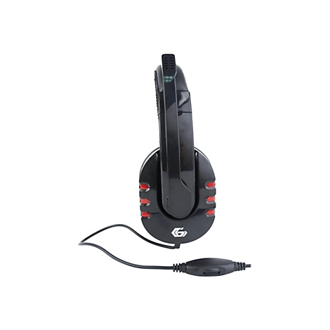 Schwarzes Gaming-Headset mit roten Akzenten und Kabelfernbedienung vor weißem Hintergrund.