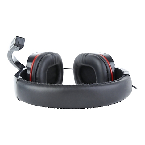 Schwarzes Gaming-Headset mit rotem Akzent und ausklappbarem Mikrofon vor weißem Hintergrund.