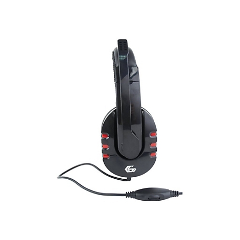 Schwarzes Gaming-Headset mit roter Akzentbeleuchtung und Kabel.