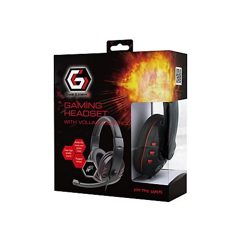 Schwarzes Gaming-Headset mit roten Akzenten in einer Box. Text: Gaming Headset, GMB Gaming, LautstÃ¤rkeregler. FÃ¼r echte Gamer.
