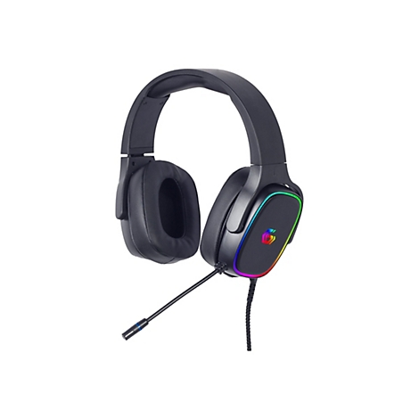 Schwarzes Gaming-Headset mit RGB-Beleuchtung an den Ohrmuscheln und einem ausklappbaren Mikrofon auf weißem Grund.