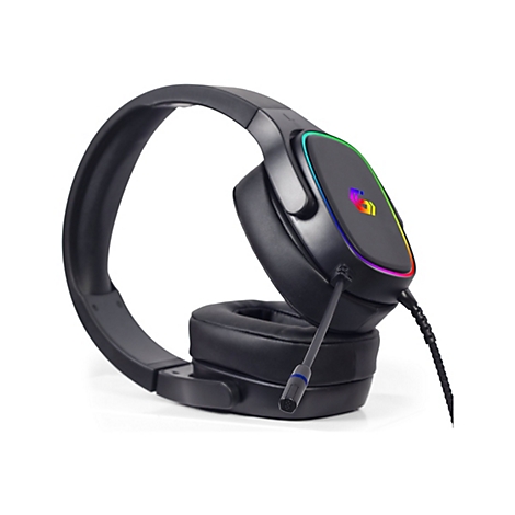 Schwarzes Gaming-Headset mit RGB-Beleuchtung und ausziehbarem Mikrofon vor weißem Hintergrund.