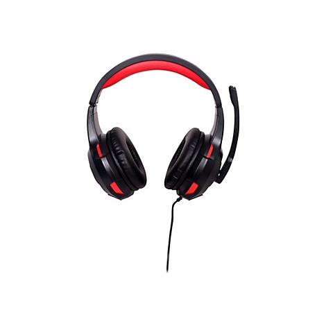 Schwarzes Gaming-Headset mit roten Akzenten und Mikrofon vor weiÃŸem Hintergrund.