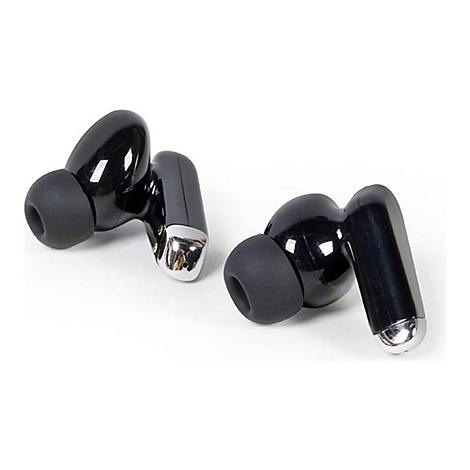 Zwei schwarze In-Ear-Kopfhörer mit silbernen Akzenten liegen auf einem hellen Hintergrund.