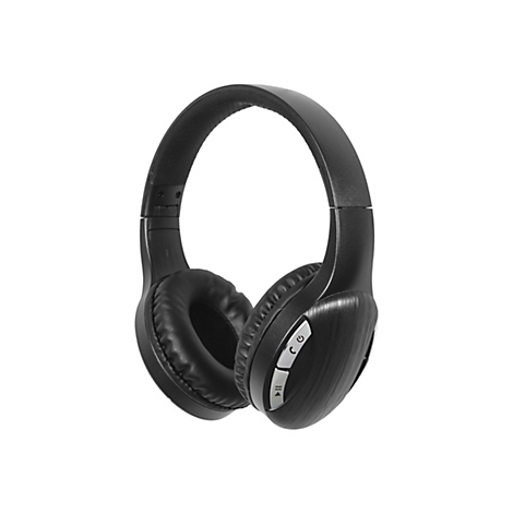 Schwarze Over-Ear-Kopfhörer mit gepolsterten Ohrmuscheln und Bedienknöpfen an der Seite vor weißem Hintergrund.
