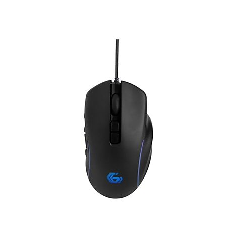 Schwarze Gaming-Maus mit blauem Logo und Kabel vor weißem Hintergrund.
