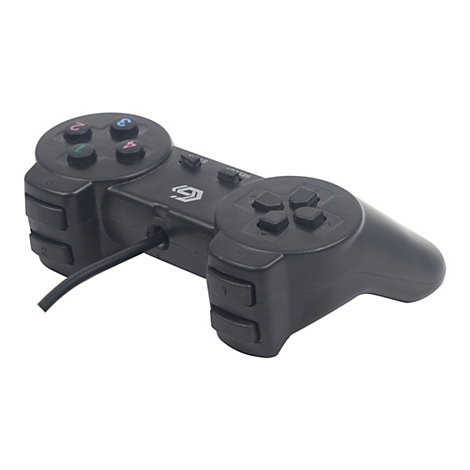 Schwarzer kabelgebundener Spielecontroller mit Tasten und einem zentralen Firmenlogo vor weißem Hintergrund.