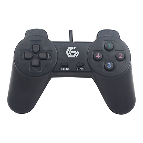Schwarzer kabelgebundener Spielecontroller mit Steuerungstasten, vier nummerierten Tasten und einem zentralen G-Logo.