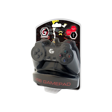 Schwarzes USB-Gamepad in Blisterverpackung. Aufdruck 'USB Gamepad'.