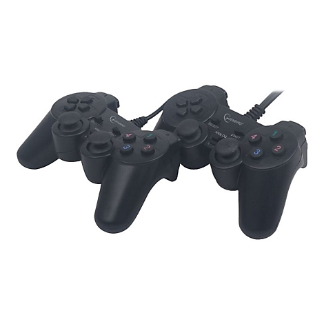 Zwei schwarze kabelgebundene Gembird-Gaming-Controller mit Analog-Sticks und nummerierten Tasten.