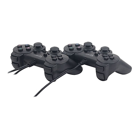 Zwei identische, schwarze kabelgebundene Gamecontroller auf weißem Hintergrund.