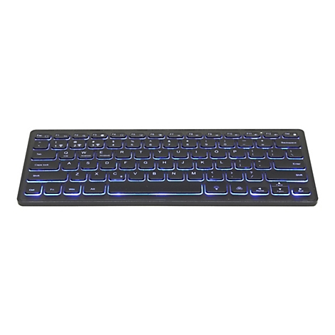 Schwarze kabellose Tastatur mit blauer LED-Hintergrundbeleuchtung auf weißem Hintergrund.