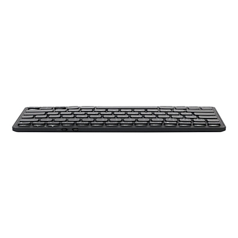 Schwarze flache Bluetooth-Tastatur in Seitenansicht vor weißem Hintergrund.