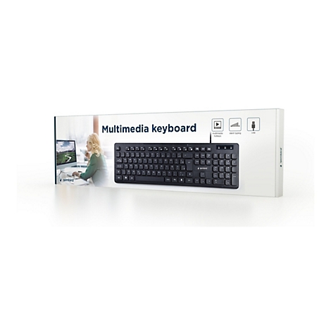 Produktverpackung einer schwarzen Gembird Multimedia-Tastatur mit Abbildung einer Frau am Computer.