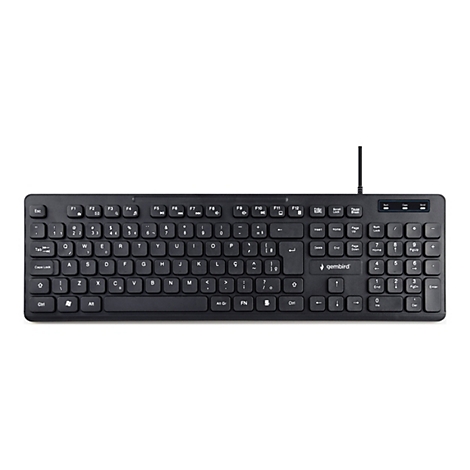 Schwarze Gembird Tastatur mit Kabel vor weißem Hintergrund.