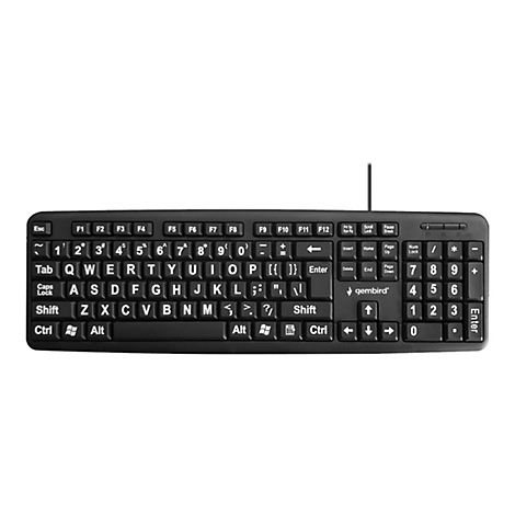 Schwarze Computertastatur mit großem, weißem Tastendruck für bessere Lesbarkeit auf weißem Hintergrund.