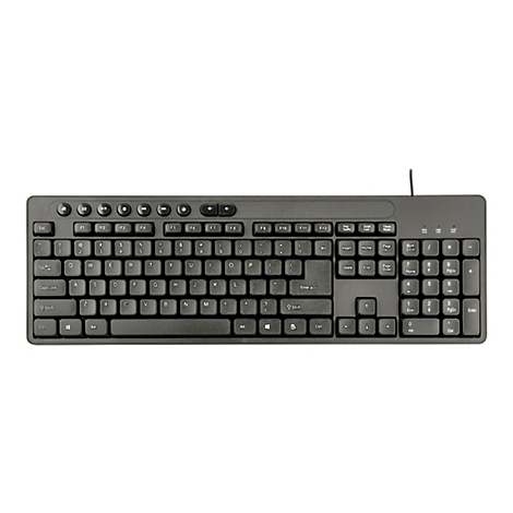 Schwarze Computertastatur mit QWERTY-Layout und zusätzlichen Medientasten oben vor weißem Hintergrund.