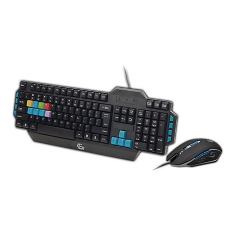 Schwarzes Gaming-Tastatur- und Maus-Set mit hervorgehobenen bunten Tasten vor neutralem Hintergrund.