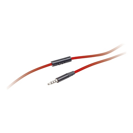 Rotes Audiokabel mit 3,5-mm-Klinkenstecker und kleiner Inline-Bedieneinheit vor weißem Hintergrund.
