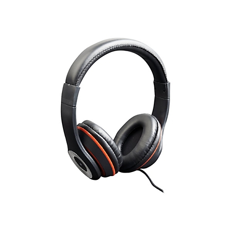 Schwarze Over-Ear-Kopfhörer mit roten Akzentringen an den Hörmuscheln und Kabel vor weißem Hintergrund.