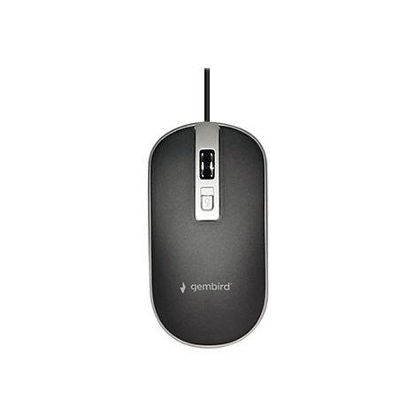 Draufsicht einer anthrazitfarbenen Gembird-Computermaus mit Kabel, Scrollrad und CPI-Taste vor weißem Hintergrund.