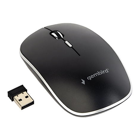 Schwarze, kabellose Gembird-Computermaus mit silbernem Rand, Scrollrad, DPI-Taste und passendem USB-Empfänger.