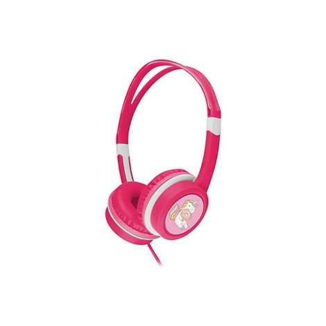 Pinker Kinderkopfhörer mit Einhorn-Motiv an den Ohrmuscheln auf weißem Hintergrund.