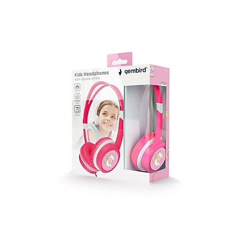 Rosa Gembird Kinderkopfhörer mit Einhorn-Design in der Verpackung, ein lächelndes Mädchen ist abgebildet.