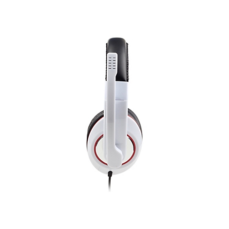 Seitenansicht eines weißen Gaming-Headsets mit hochgeklapptem Mikrofonarm vor weißem Hintergrund.