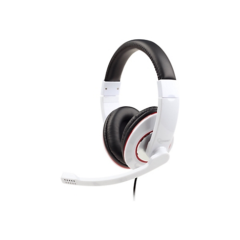 Weißes Gaming-Headset mit schwarzer Polsterung und Mikrofonbügel vor weißem Hintergrund.
