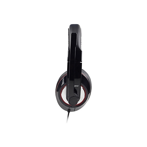 Schwarze Over-Ear-Kopfhörer mit rotem Akzentring vor weißem Hintergrund, Seitenansicht.