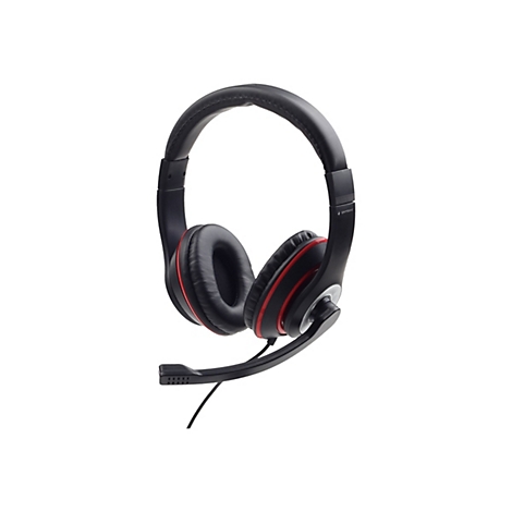 Schwarzes Gembird Headset mit roten Akzenten und klappbarem Mikrofon vor weißem Hintergrund.