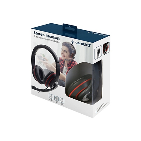 Verpackung eines Stereo-Headsets. Auf dem Karton ist das Headset selbst sowie ein Mann abgebildet, der es trägt. Das Headset ist schwarz mit roten Akzenten.