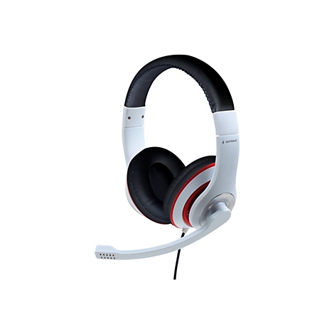 Weißes Gembird-Headset mit schwarzem Kopfpolster, Ohrmuscheln und ausklappbarem Mikrofon vor weißem Hintergrund.