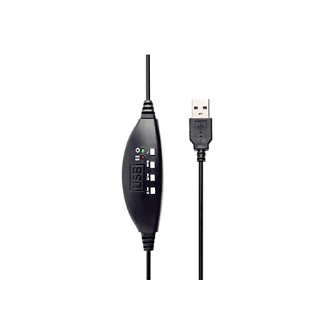 Schwarze Kabelfernbedienung mit USB-Stecker und Tasten für Mikrofonstumm, Wiedergabe und Lautstärkeregelung.