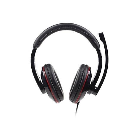 Schwarzes Gaming-Headset mit rotem Akzentstreifen an den Ohrmuscheln und integriertem Mikrofonbügel.