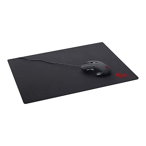 Schwarzes Mauspad mit einer kabelgebundenen Gaming-Maus und rotem Logo auf weißem Hintergrund.