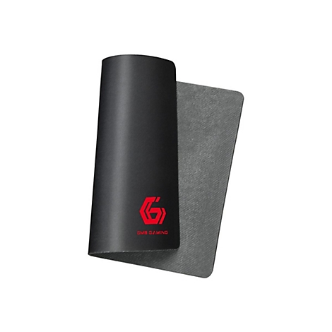 Ein halb aufgerolltes, schwarzes Mauspad mit rotem GMB GAMING Logo auf weißem Hintergrund.