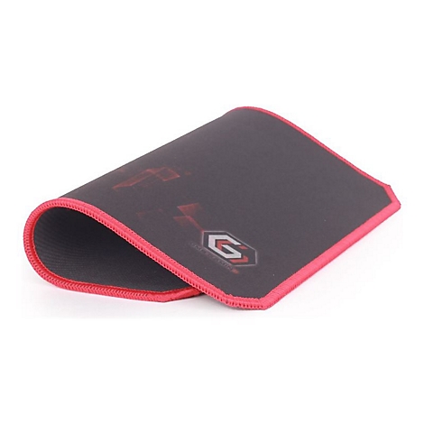 Schwarzes Mauspad mit roter Umrandung und Logo auf weißem Hintergrund.
