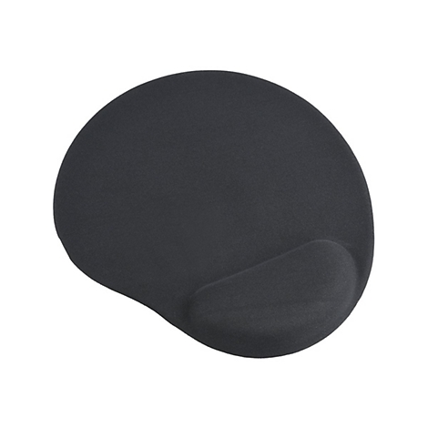Schwarzes, asymmetrisch geformtes Mauspad mit integrierter Handballenauflage vor weißem Hintergrund.