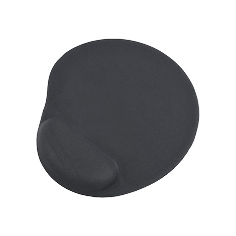 Schwarzes ergonomisches Mauspad mit integrierter Handballenauflage vor weißem Hintergrund.