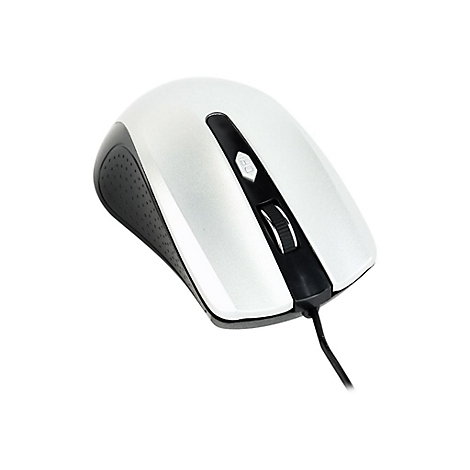 Weisse Computermaus mit schwarzem Akzent. Scrollrad und Kabel sichtbar.