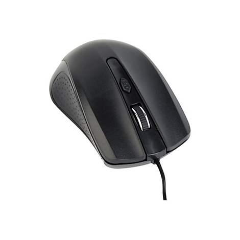 Schwarze, kabelgebundene Computermaus mit einem DPI-Knopf und Mausrad auf weißem Hintergrund.