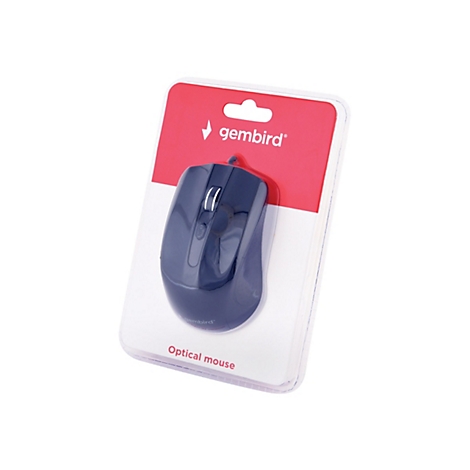 Blaue optische Maus in Blisterverpackung. Der Schriftzug gembird ist auf Rot zu sehen. Unter der Maus steht Optical mouse.