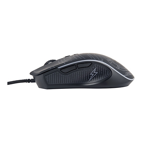 Schwarze Gaming-Maus mit Blitz-Logo und seitlichen Tasten vor weißem Hintergrund.