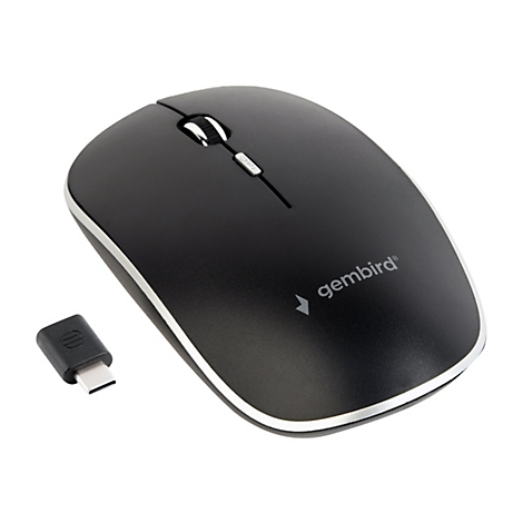 Schwarze, kabellose Gembird-Maus mit einem USB-C-Empfänger auf weißem Hintergrund.